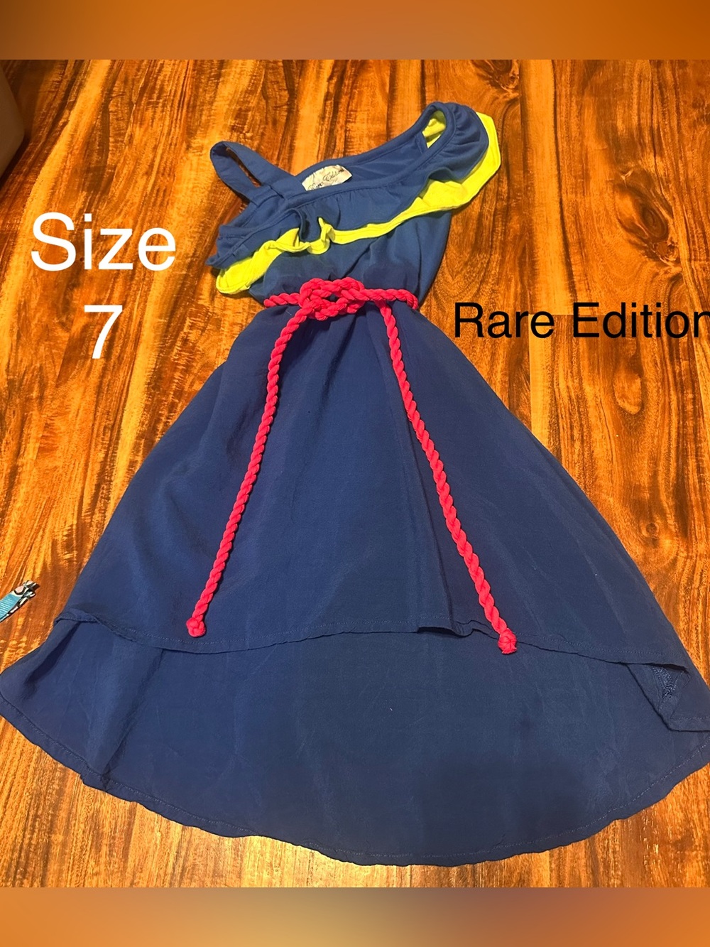 Rare Editions Navy Blue Dress with Neon Yellow Trim and Pink Rope Belt